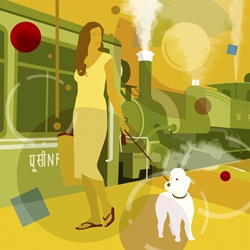 Woman walking dog on railway station platform