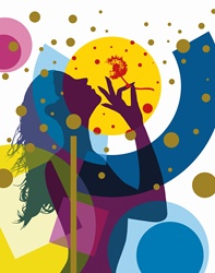 Silhouette of woman blowing dandelion seeds with abstract background pattern