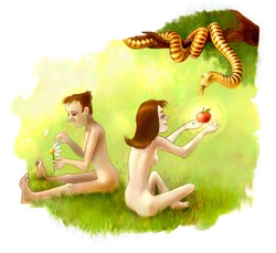 Eve accepting apple from snake