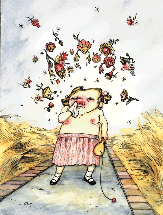 Girl with allergy standing on footpath and sneezing