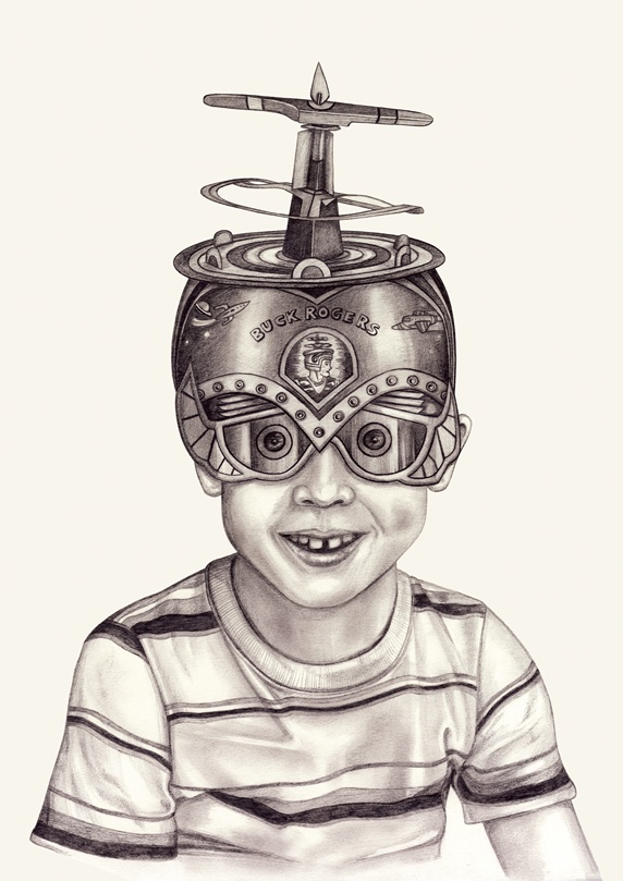 Boy wearing vintage futuristic helmet
