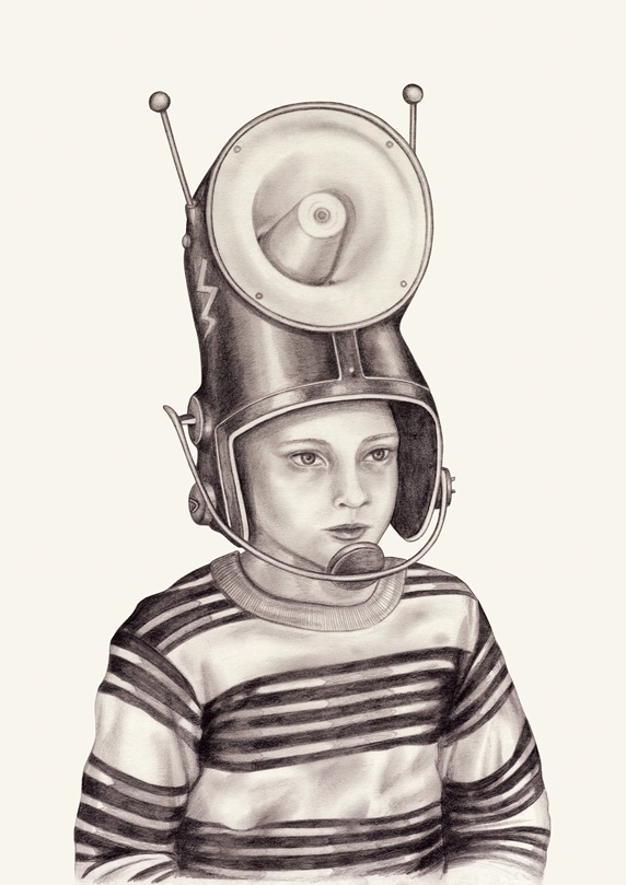 Boy wearing megaphone helmet
