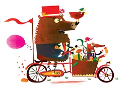Bear and fox riding cargo bicycle