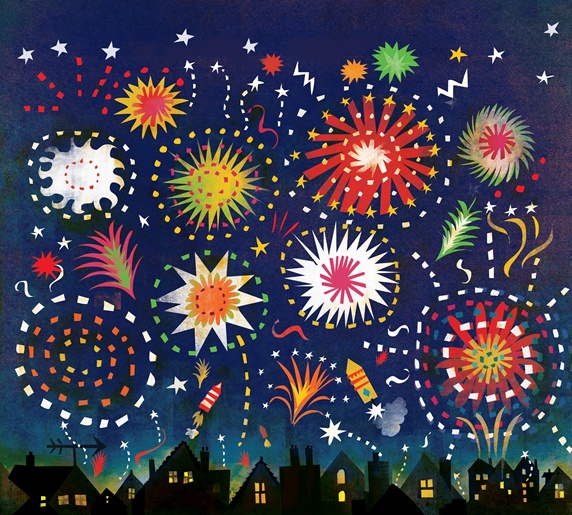 Multicolored fireworks in night sky above houses