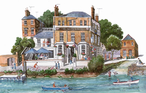 Watercolor painting of the White Cross pub, Richmond, Richmond Upon Thames