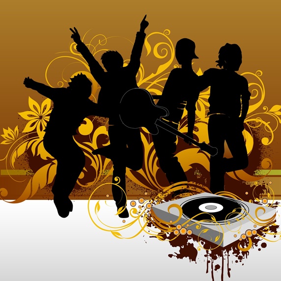 Silhouettes of people dancing with turntable on background