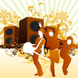 Men dancing with large speakers on background