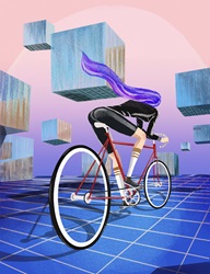 Female cyclist on racing bike in geometric landscape