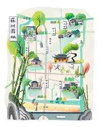 Map with Japanese buildings and texts