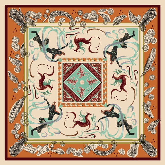 Oriental style pattern with dancing women, deer and feathers