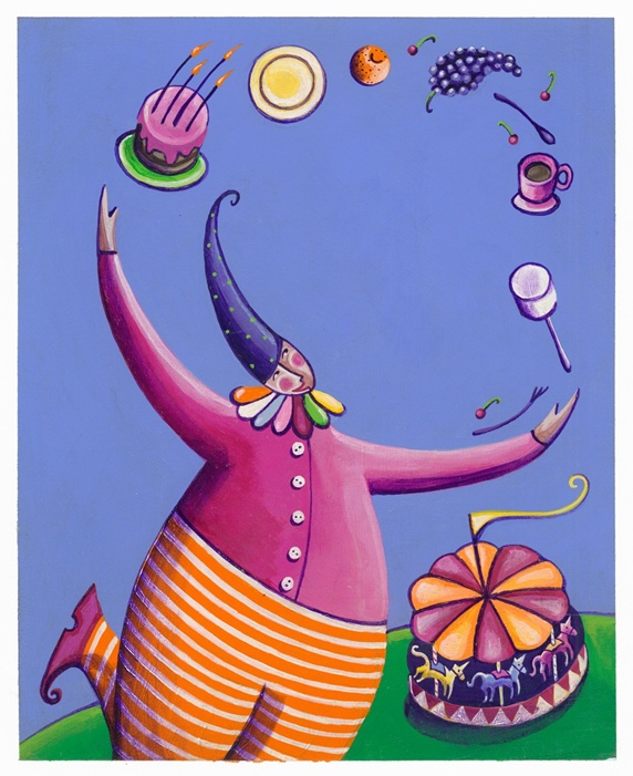 Clown juggling cups and cakes