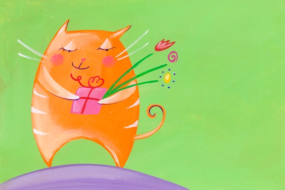 Cat holding gift and flowers