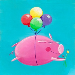 Cute pink pig flying with balloons and bunch of flowers