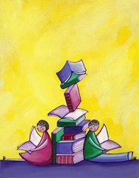 Children sitting reading leaning against pile of books