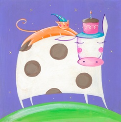 Cute cow, cat and birthday cake with one candle