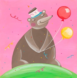 Cute bear with birthday cake on head and holding party balloons