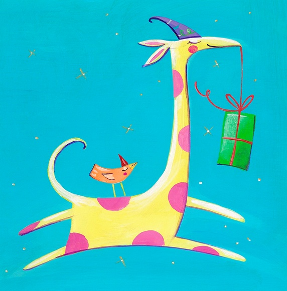 Cute bird and giraffe carrying birthday present to party