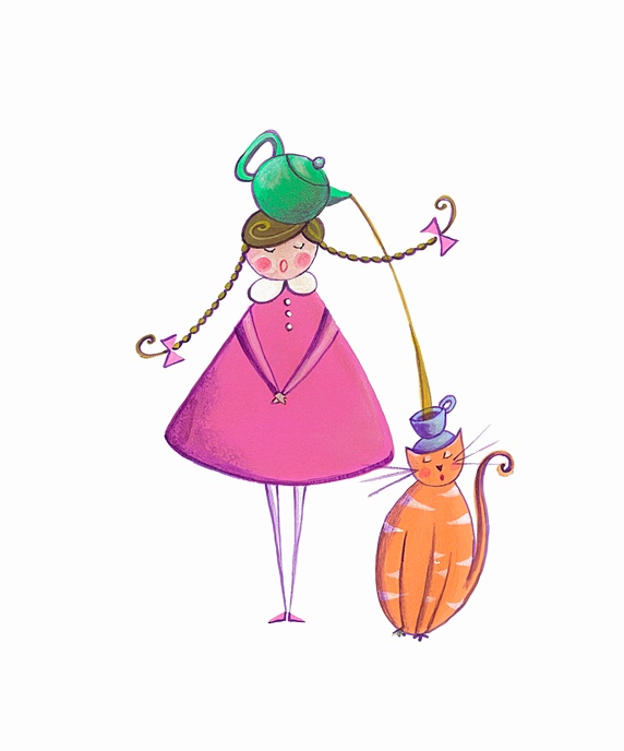 Girl pouring tea for pet cat from teapot into teacup on heads