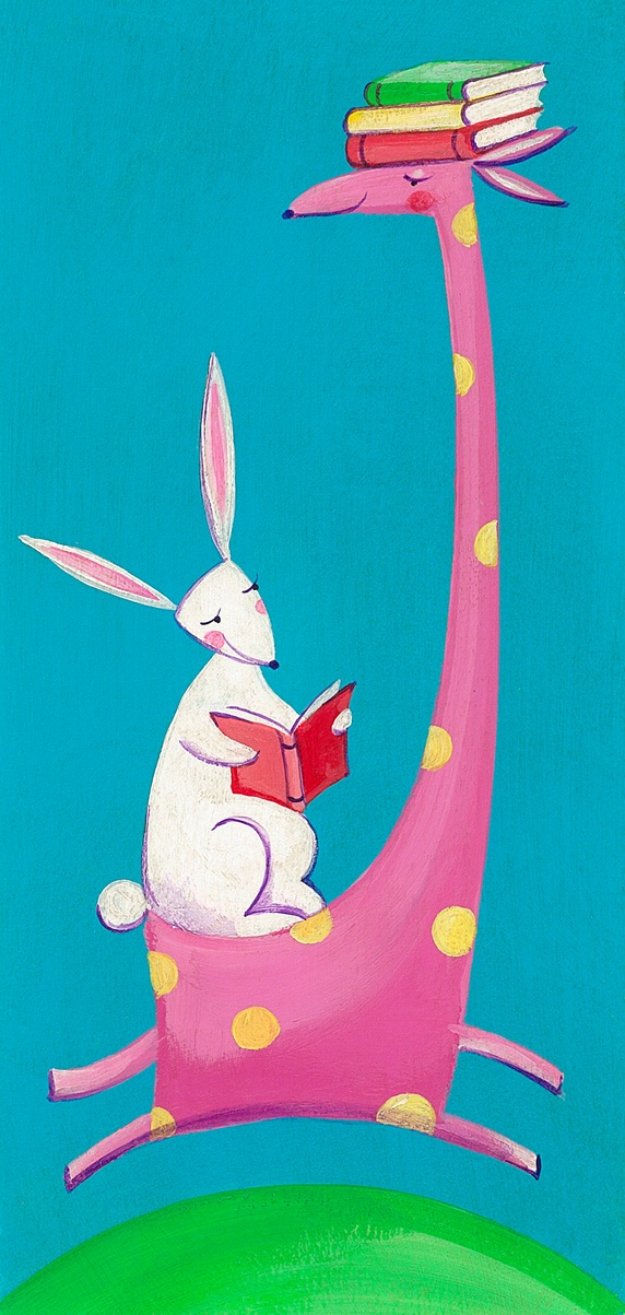 Cute giraffe and rabbit carrying and reading books together