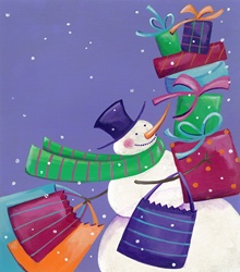 Snowman carrying lots of presents