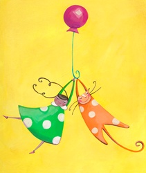 Girl and cat playing together with balloon