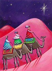 Three kings following christmas star on camels