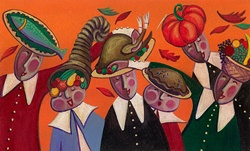 People celebrating Thanksgiving carrying food on head