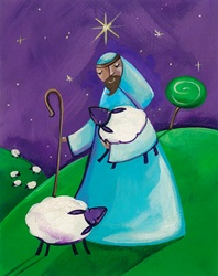Christmas shepherd carrying lamb and following star