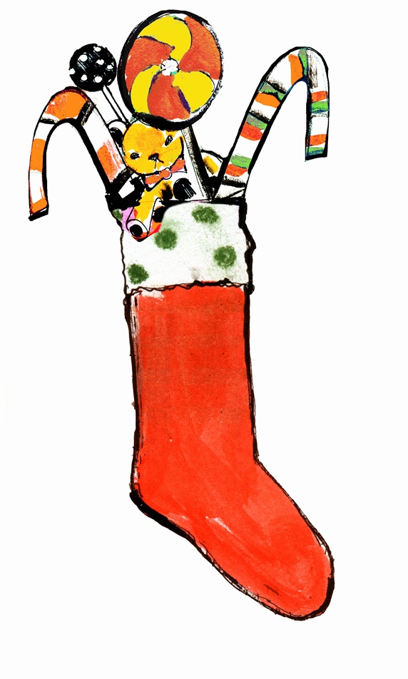 Christmas stocking filled with teddy bear and candy canes