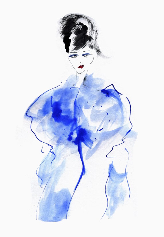Fashion illustration of woman in blue wrap