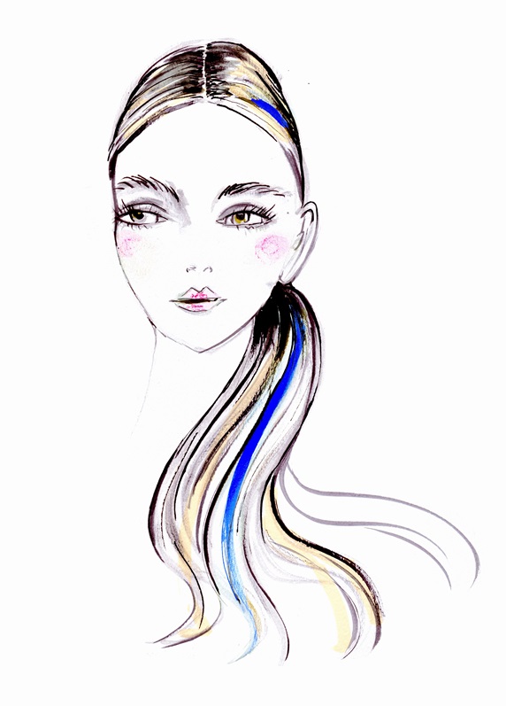 Fashion illustration of young woman with blue highlights
