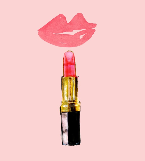 Lipstick and lips on pink background