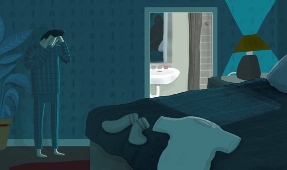 Spooky monster reflected in mirror while anxious man covers his face in bedroom at night