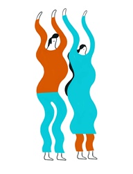 Man and woman standing with hands raised