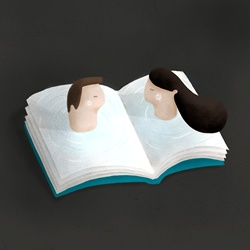 Man and woman heads emerging from book