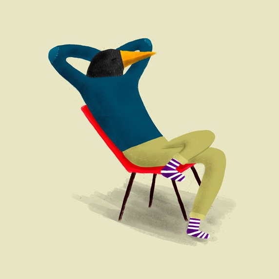 Person with bird's head sitting on chair