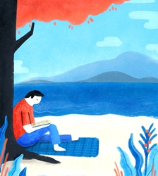 Man on beach reading book
