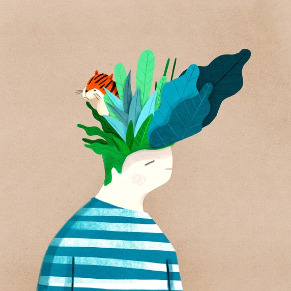 Person with plants and tiger as it's hairstyle