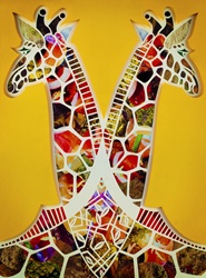 Paper collage of two symmetrical giraffes