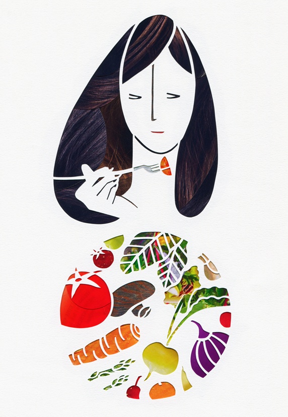 Woman eating fresh vegetables with fork from plate