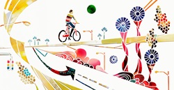 Cyclist on journey through abstract landscape