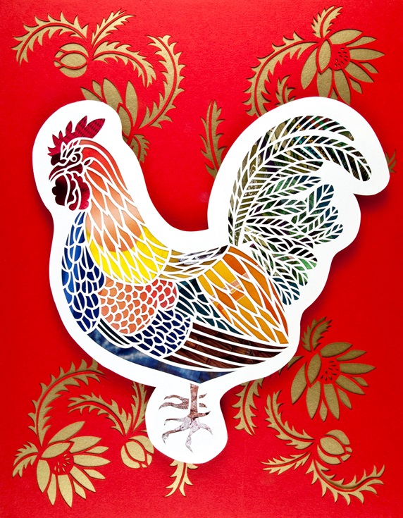 Colorful rooster on red background