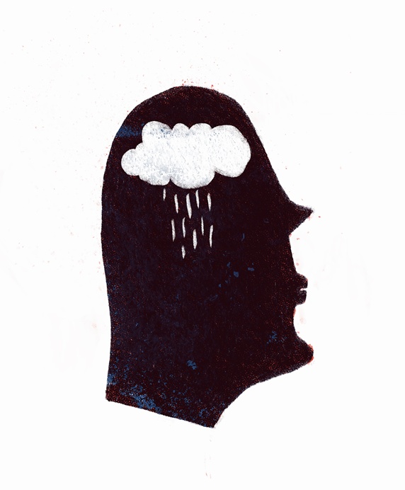 Rain falling from cloud inside of silhouetted profile of man's head