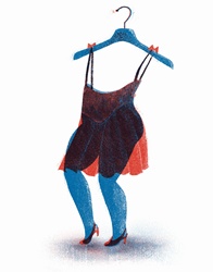 Bottom half of woman wearing transparent dress with top half on coat hanger