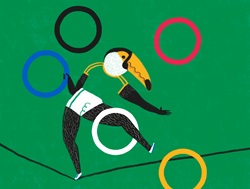 Toucan balancing on rope with Olympic rings