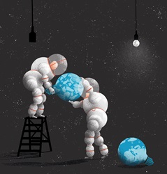 Men in spacesuits changing broken planet earth light bulb