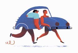 Man and woman carrying car with no wheels