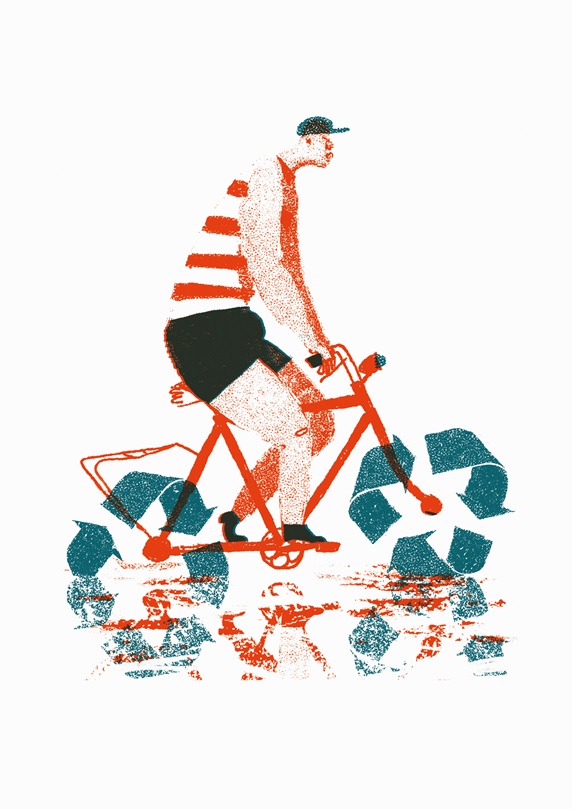 Man riding bike with recycling symbol wheels