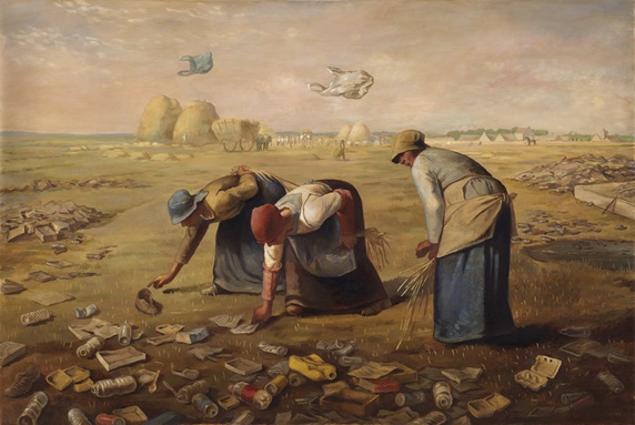 Parody of 'The Gleaners' by Jean-Francois Millet, picking rubbish not wheat