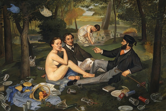 Parody of 'Le Dejeuner sur l'herbe' by Edouard Manet with lots of added rubbish